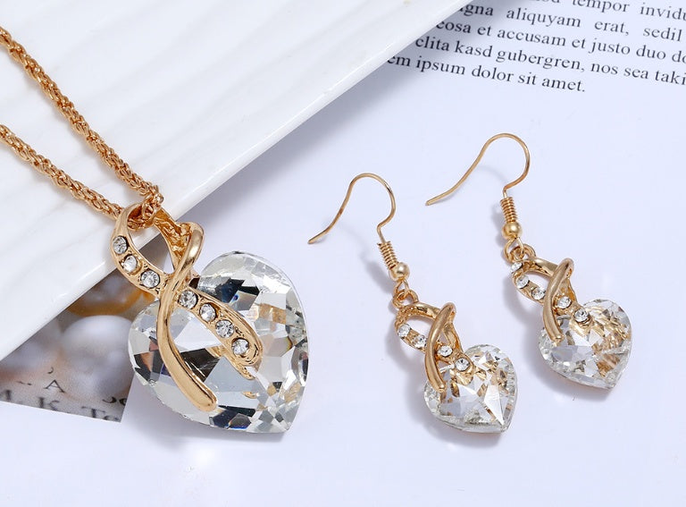 Украшения для банкета в европейском и американском стиле, комплект из двух предметов с персиковыми кристальными бриллиантами в форме сердца, большие красные серьги в форме сердца, комплект ожерелий