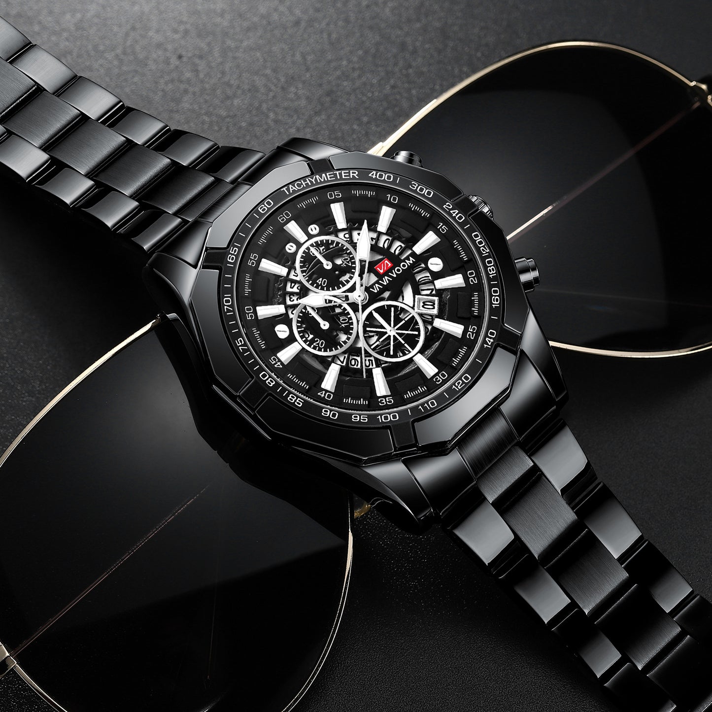 Мужские водонепроницаемые кварцевые часы со стальным браслетом, тремя глазами и шестью стрелками, светящимся календарем