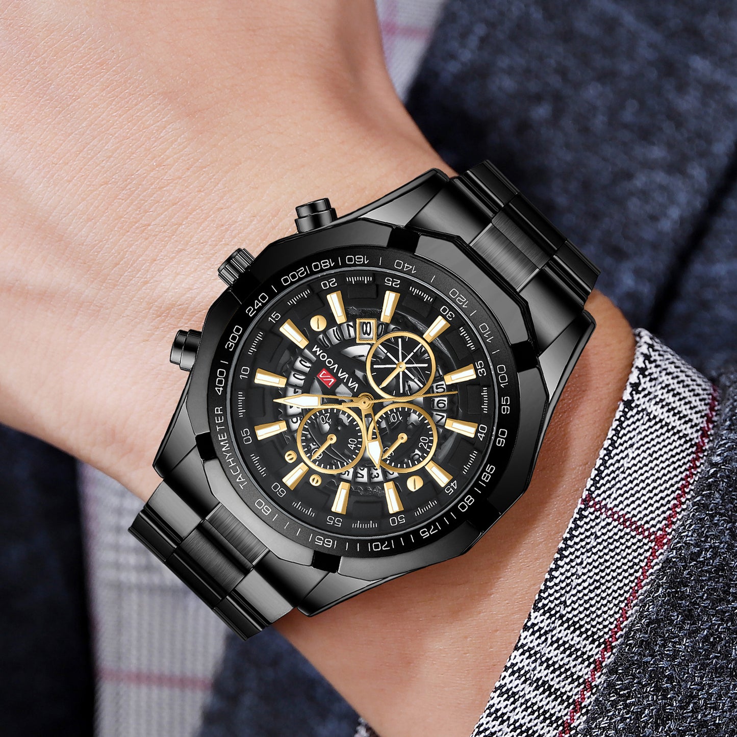 Мужские водонепроницаемые кварцевые часы со стальным браслетом, тремя глазами и шестью стрелками, светящимся календарем